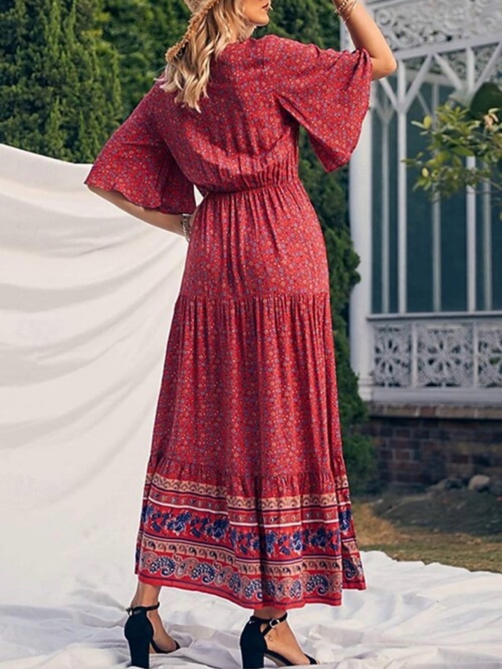 PRETTYGARDEN Women's Boho Floral Print Dress V Neck Maxi Dress Women's Med NWT - Picture 3 of 8